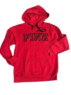 PINK Red Hoodie Sweatshirt with Black Logo, Womens Size S but oversized
